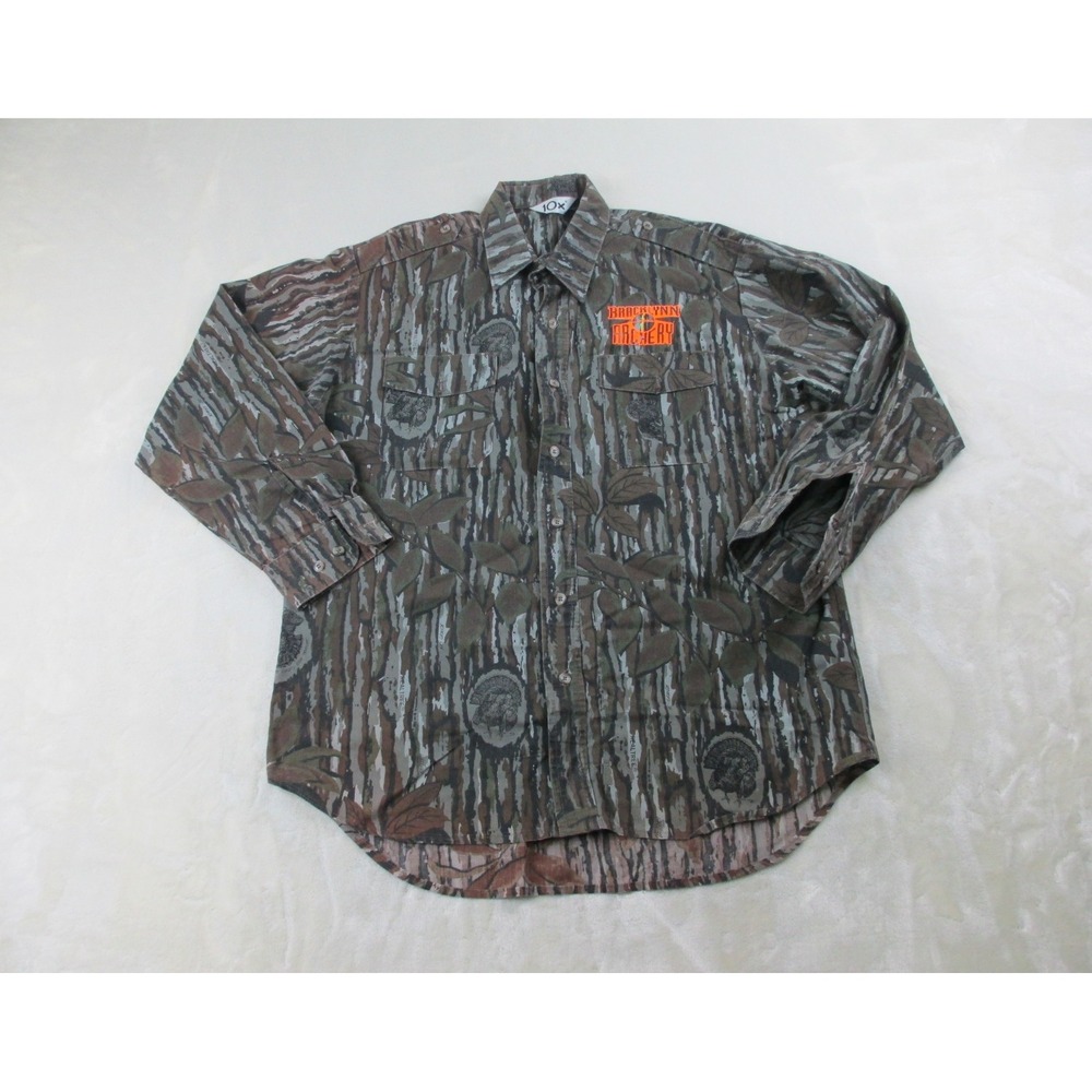 VINTAGE 10X Shirt Mens‎ Large Green Camouflage Button Up AOP USA Long Sleeve*